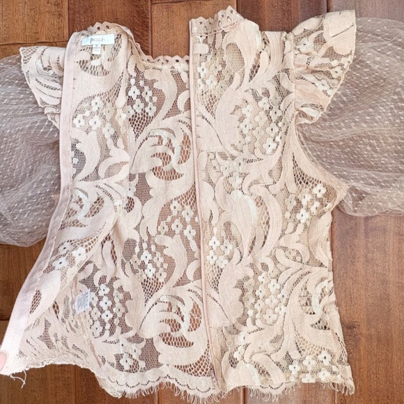 Vintage Lace High-Neck Puff-Sleeve Blouse by Peach Womens S Blush-Pink - Picture 8 of 12